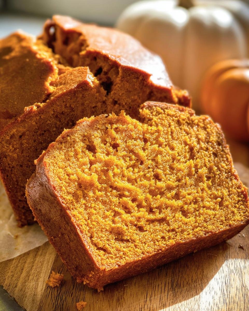 Close-up of a moist slice of pumpkin bread on a wooden board, with pumpkins in the background.