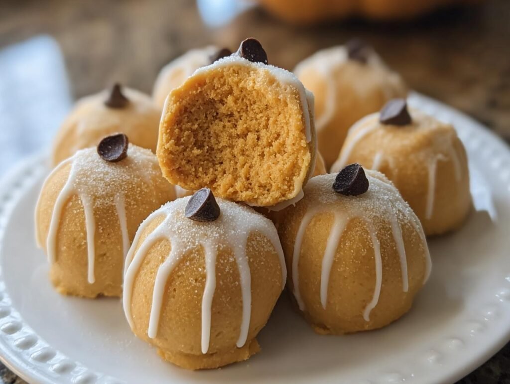 Close-up of Pumpkin Cheesecake Truffles decorated like pumpkins with chocolate chips on a white plate.
