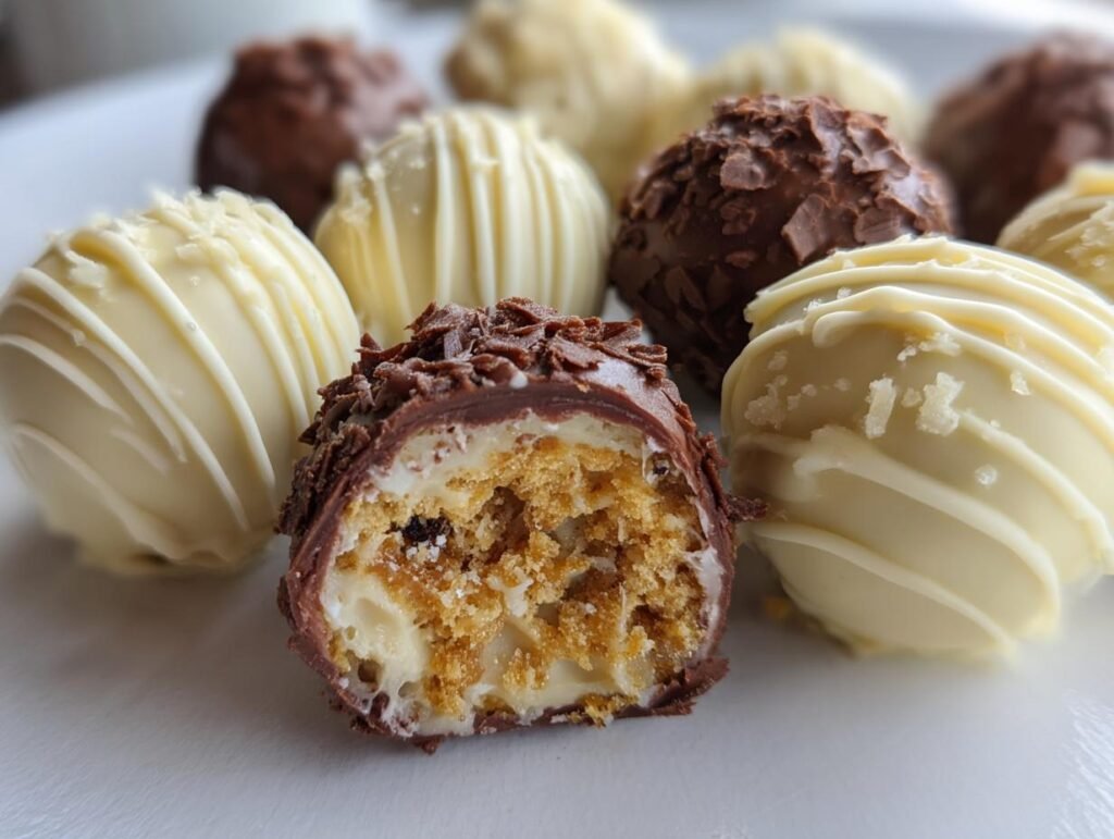 A variety of Pumpkin Cheesecake Truffles, one cut open to show the filling.