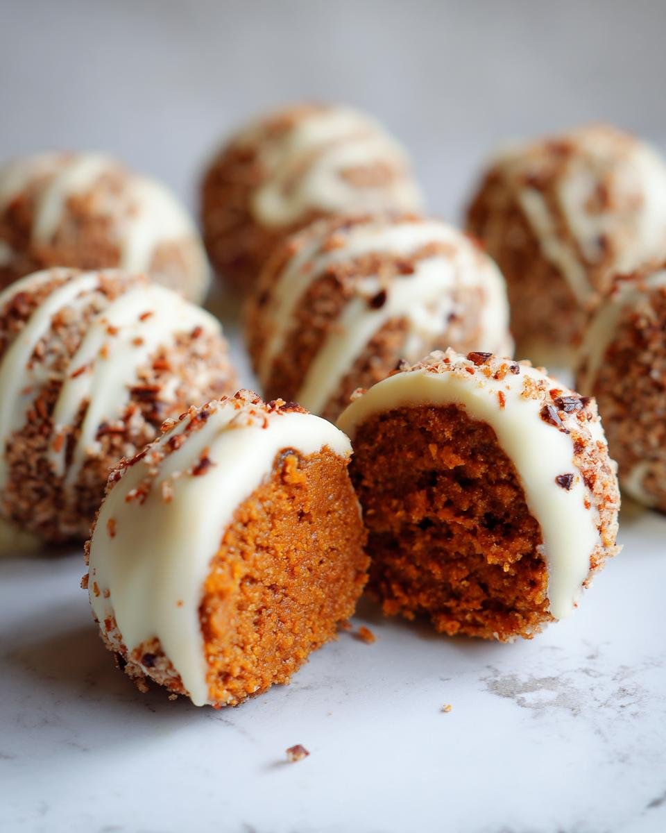 Close-up of Pumpkin Cheesecake Truffles, one cut in half to show the filling. Topped with white chocolate and nuts.