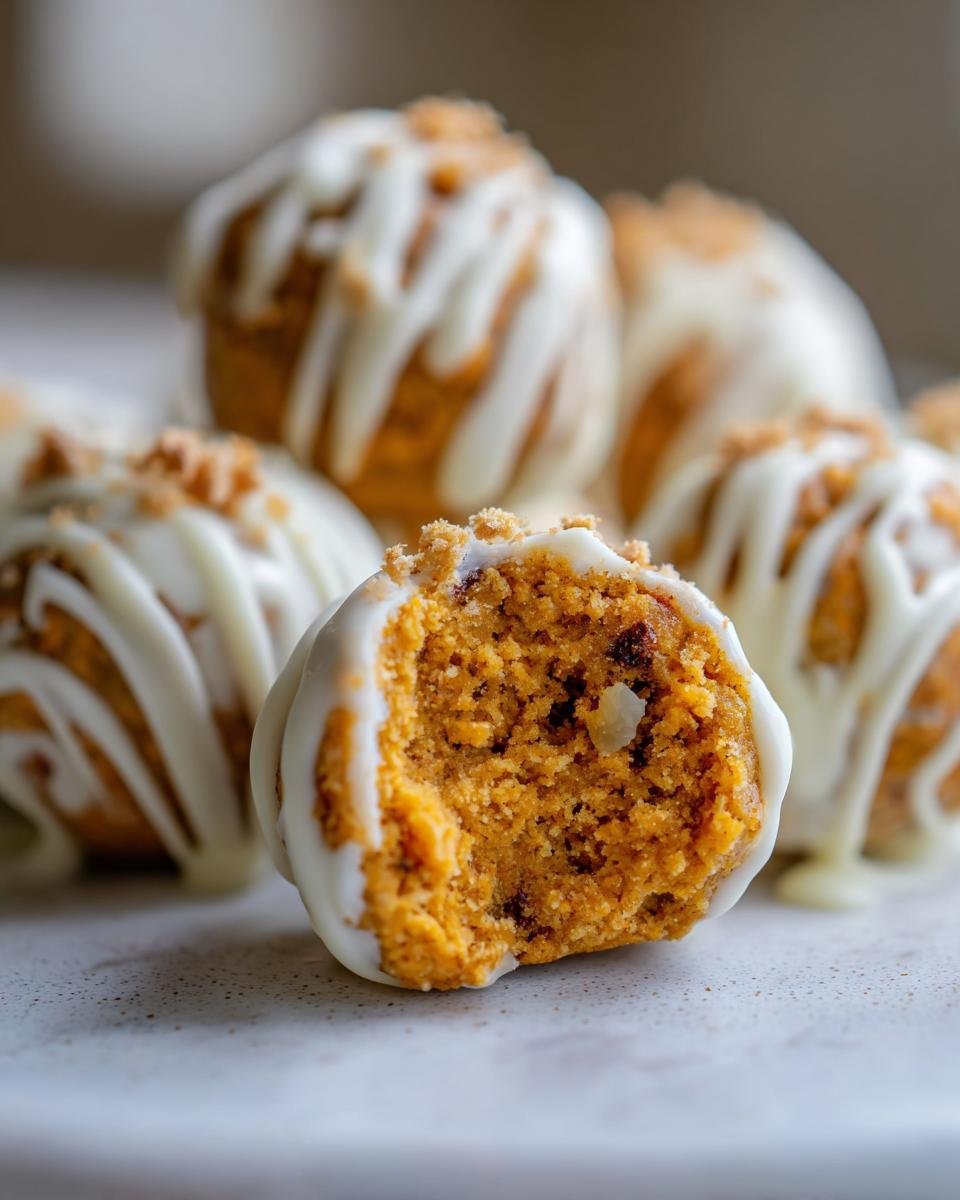 Close-up of Pumpkin Cheesecake Truffles with a bite taken out, revealing the interior and white chocolate drizzle.