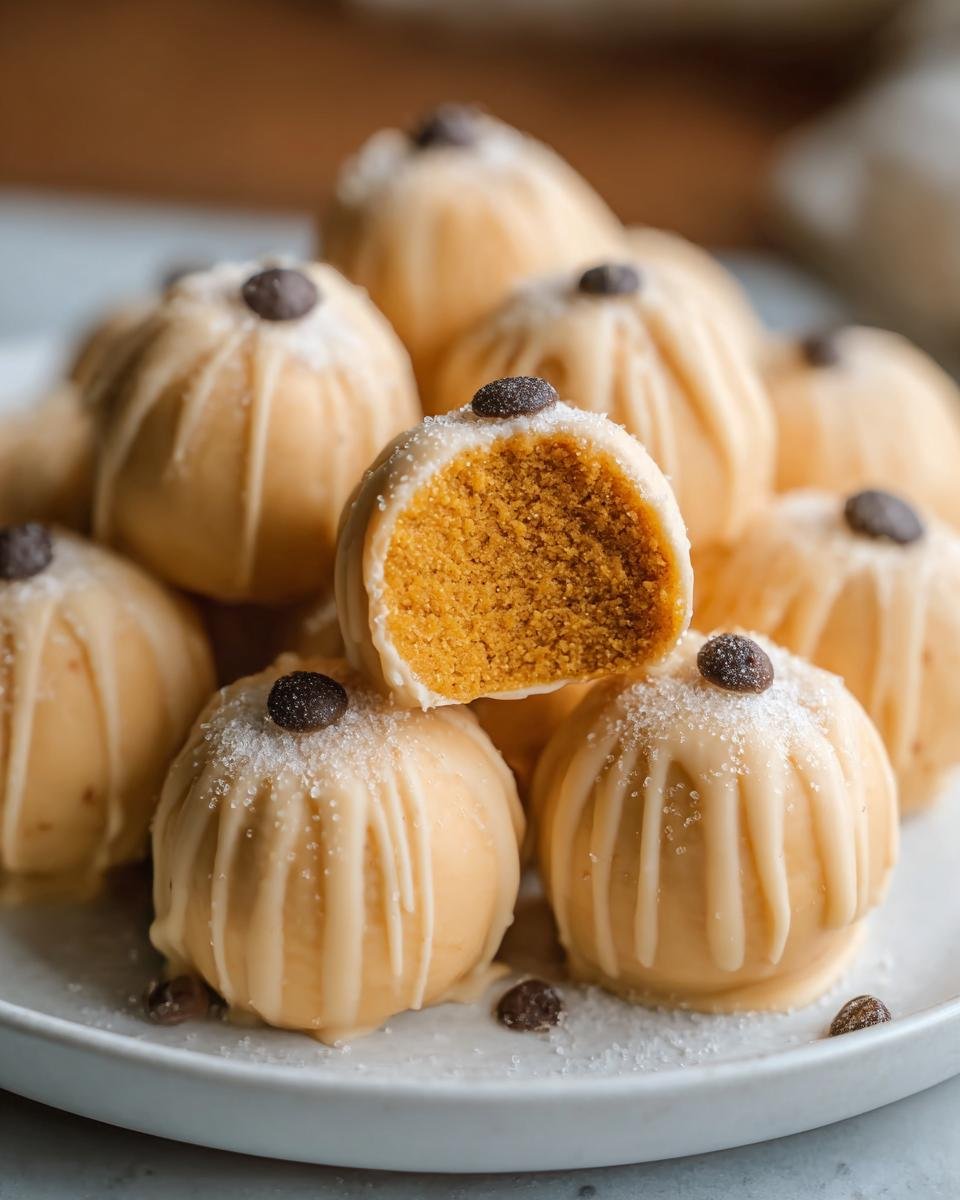 A stack of Pumpkin Cheesecake Truffles on a plate, one cut in half to show the inside. Topped with drizzle and a chocolate chip.