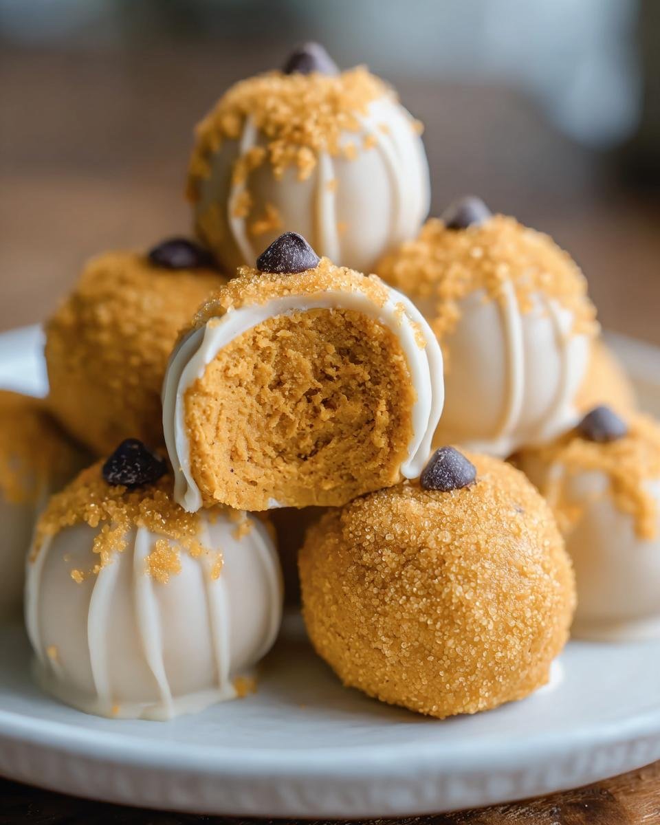 A stack of Pumpkin Cheesecake Truffles, one cut in half to show the filling. Decorated to look like pumpkins.