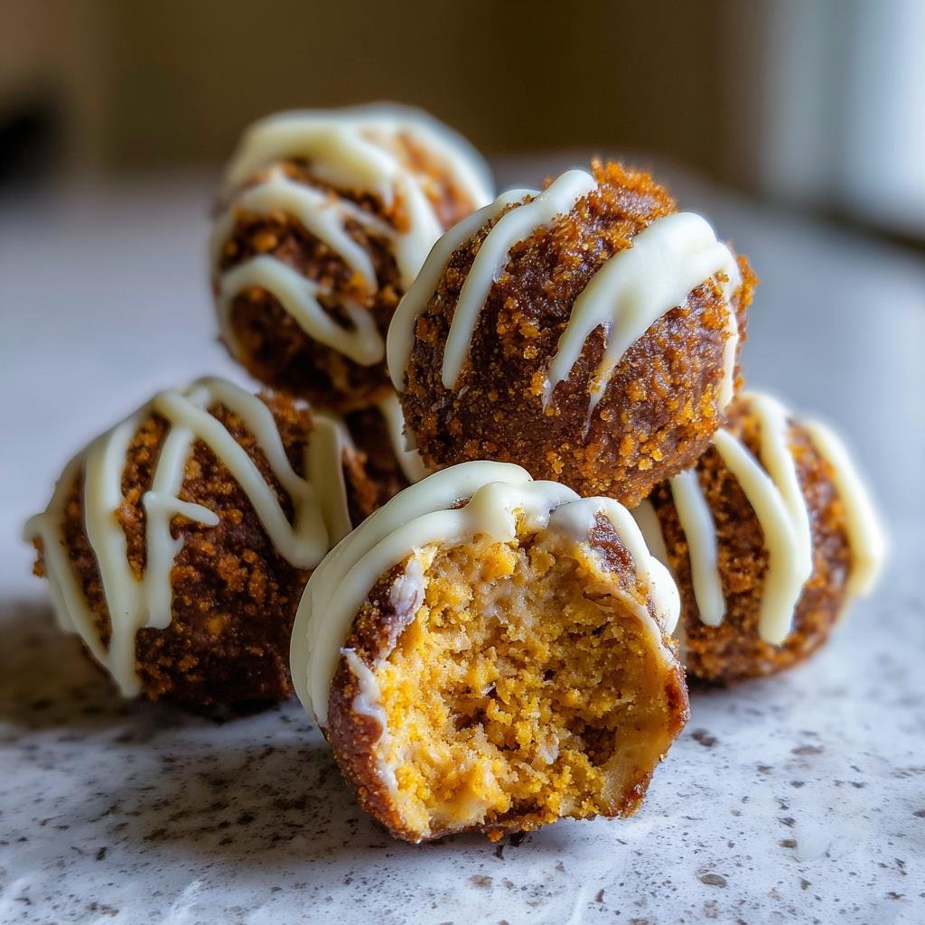 A stack of Pumpkin Cheesecake Truffles, one with a bite taken out, showing the filling and white chocolate drizzle.