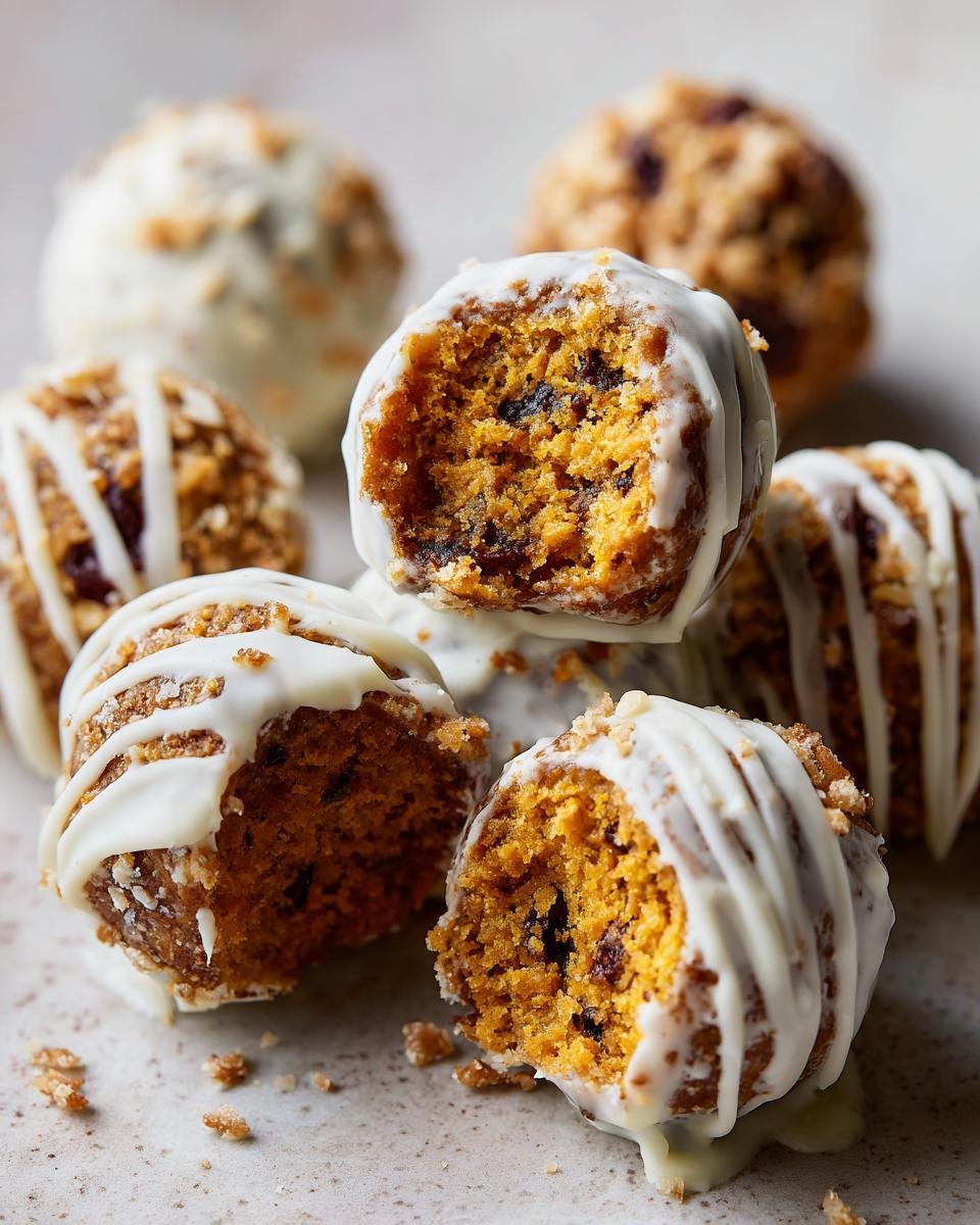 A stack of Pumpkin Cheesecake Truffles, some drizzled with white chocolate and others with graham cracker crumbs.