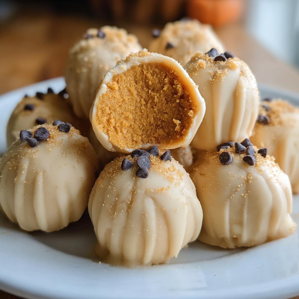 A stack of Pumpkin Cheesecake Truffles, one cut in half to show the pumpkin filling, topped with chocolate chips.