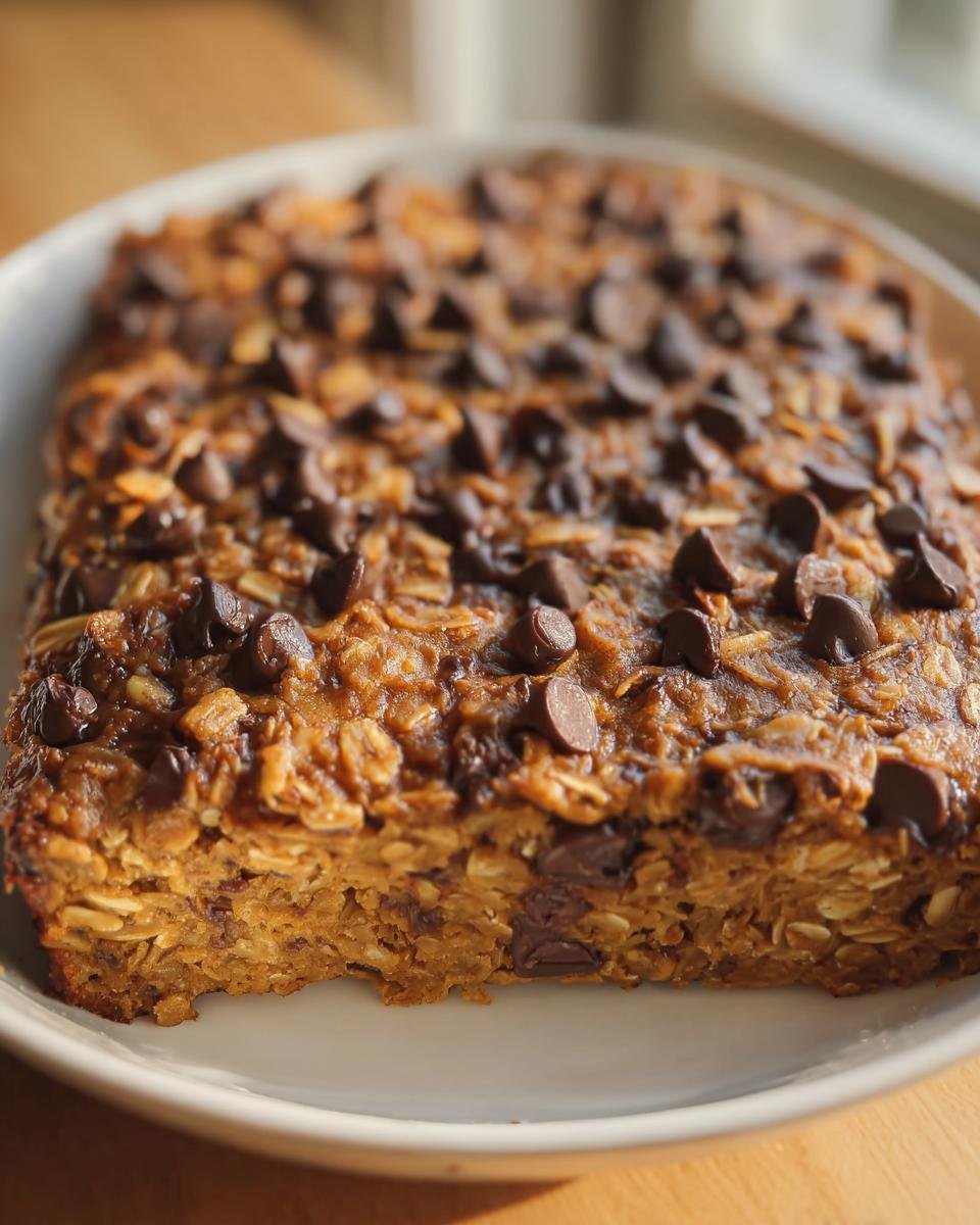 Close-up of pumpkin chocolate chip baked oatmeal on a white plate, showing texture and chocolate chips.