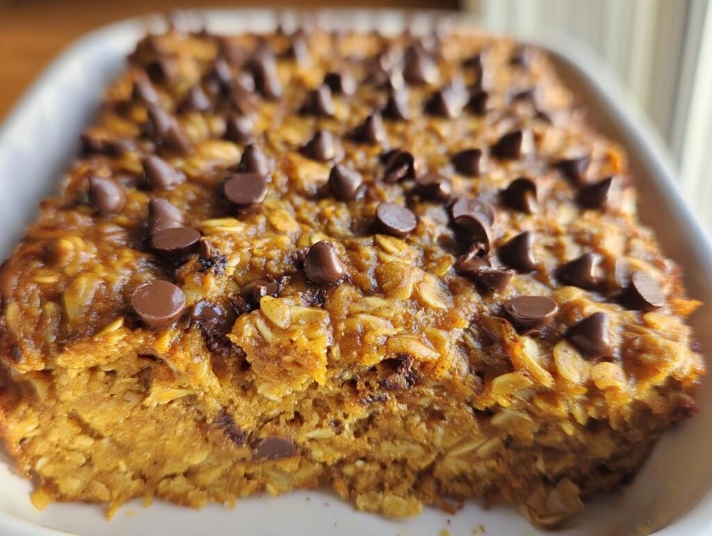 Close-up of Pumpkin Chocolate Chip Baked Oatmeal with visible oats and melted chocolate chips on top.