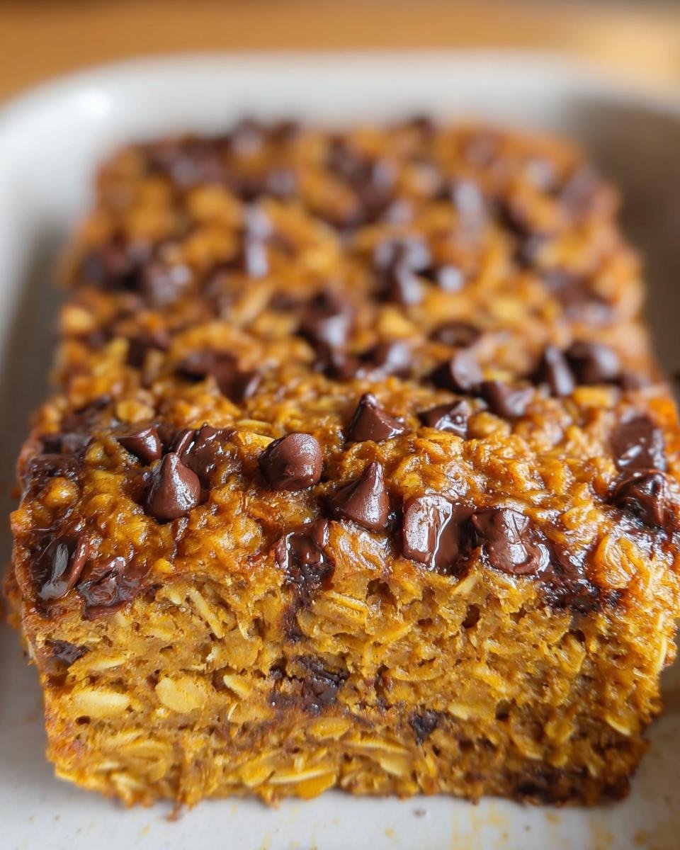 Close up of Classic Pumpkin Chocolate Chip Baked Oatmeal with visible oats and melted chocolate chips.