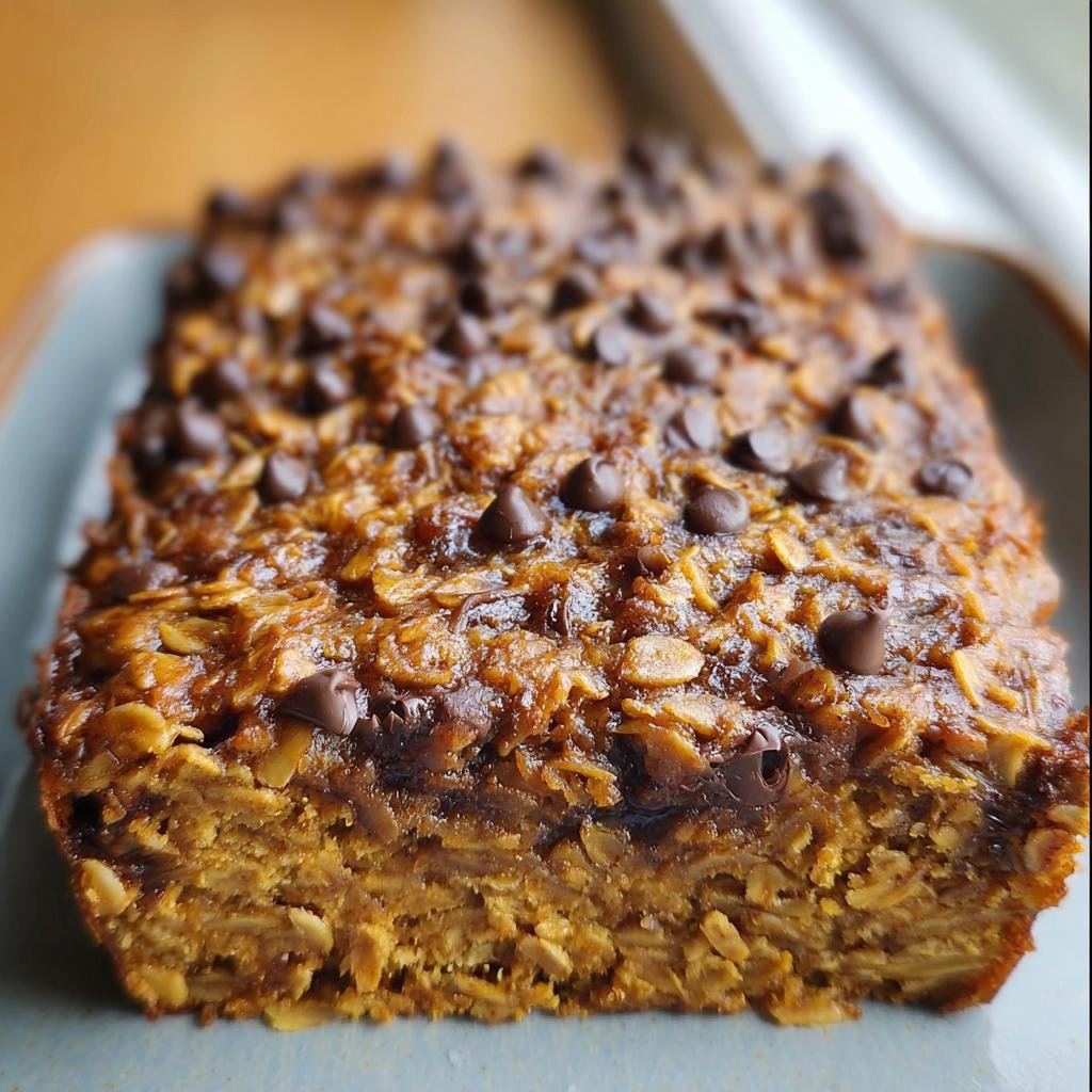 Close-up of a Pumpkin Chocolate Chip Baked Oatmeal loaf, topped with oats and chocolate chips.