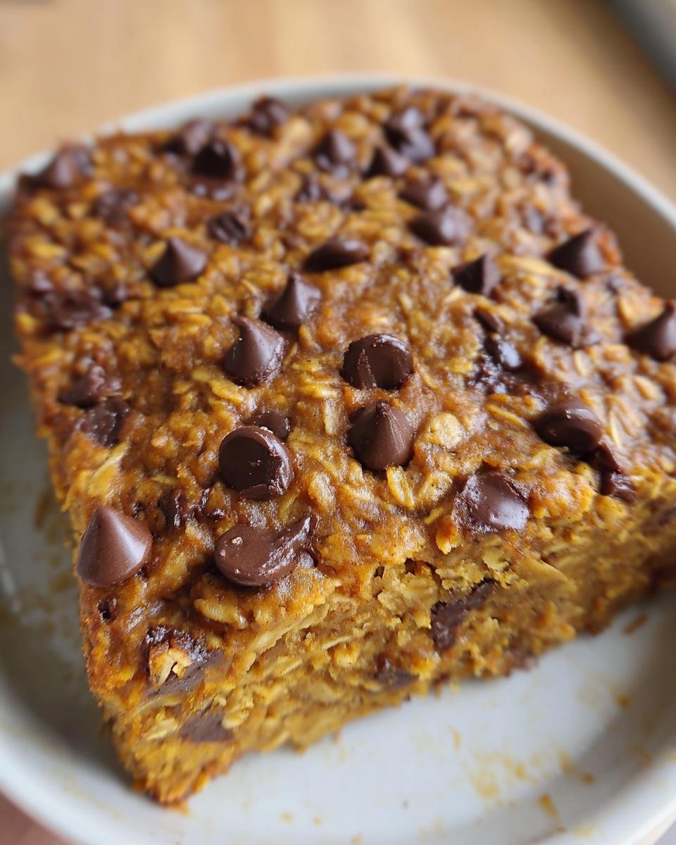 A slice of pumpkin chocolate chip baked oatmeal, topped with chocolate chips, in a baking dish.