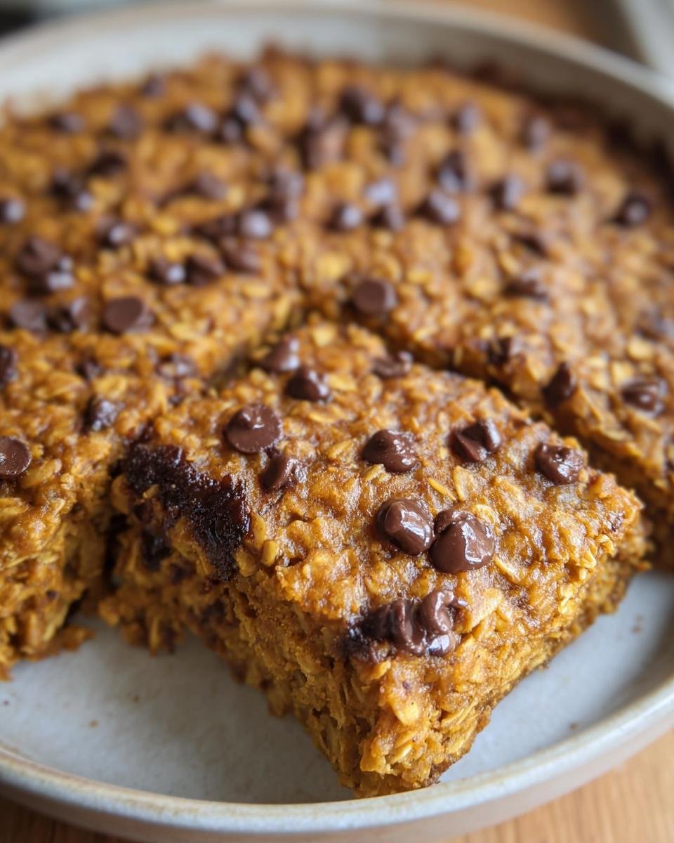 A slice of pumpkin chocolate chip baked oatmeal on a plate, showcasing the texture and chocolate chips.