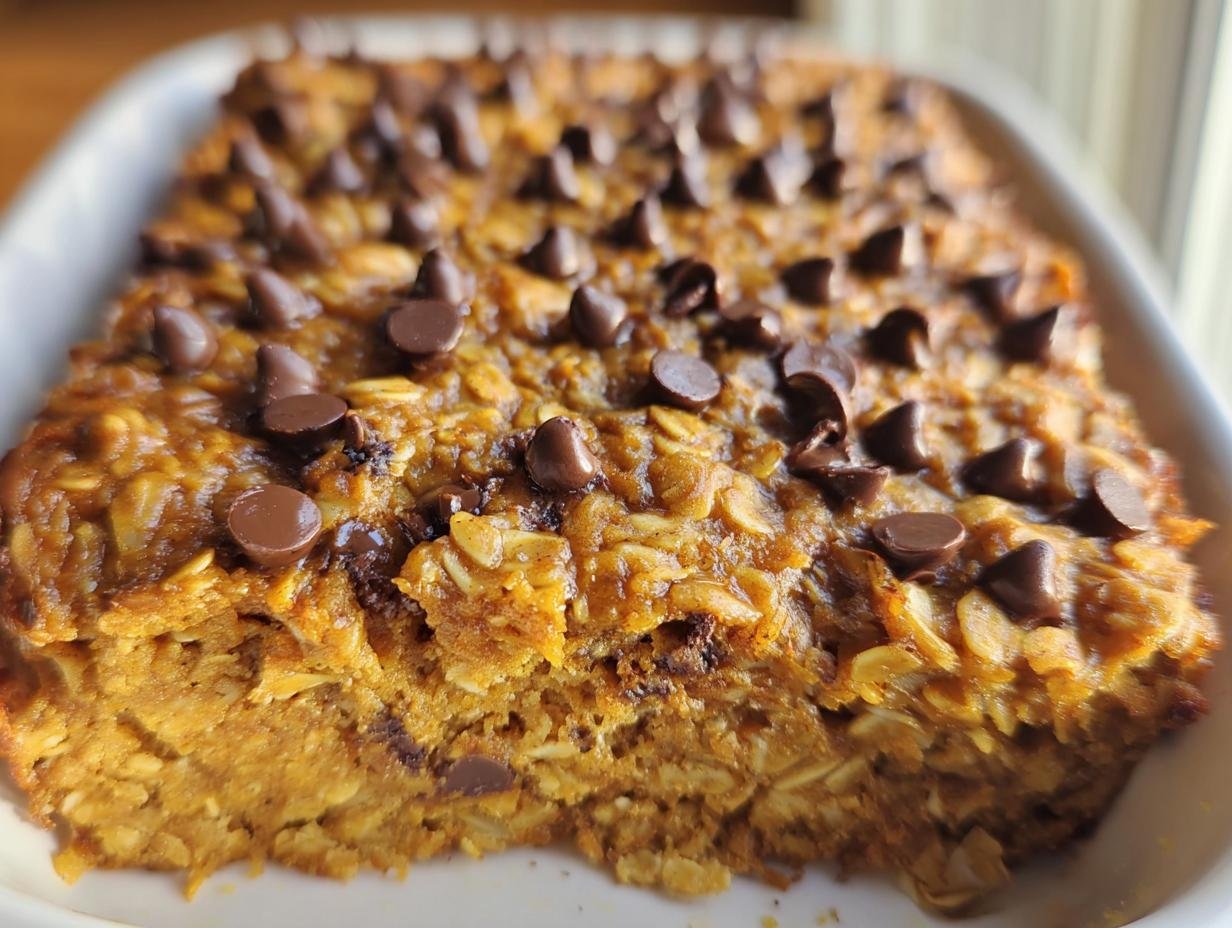 Close-up of Pumpkin Chocolate Chip Baked Oatmeal with visible oats and melted chocolate chips on top.