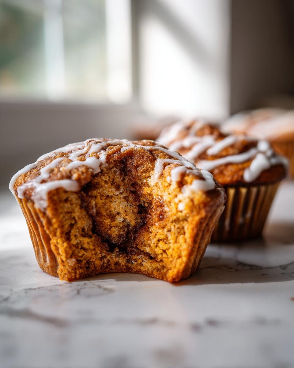 Close-up of a Pumpkin Cinnamon Roll Muffin with a bite taken out, revealing the cinnamon swirl and icing.