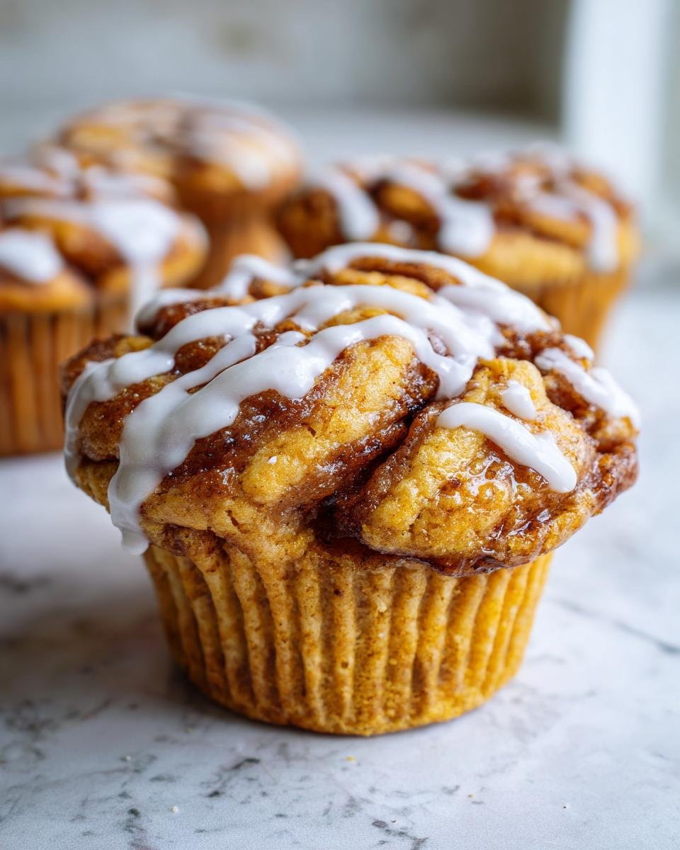 Close up of a glazed Pumpkin Cinnamon Roll Muffin with other muffins in the background.