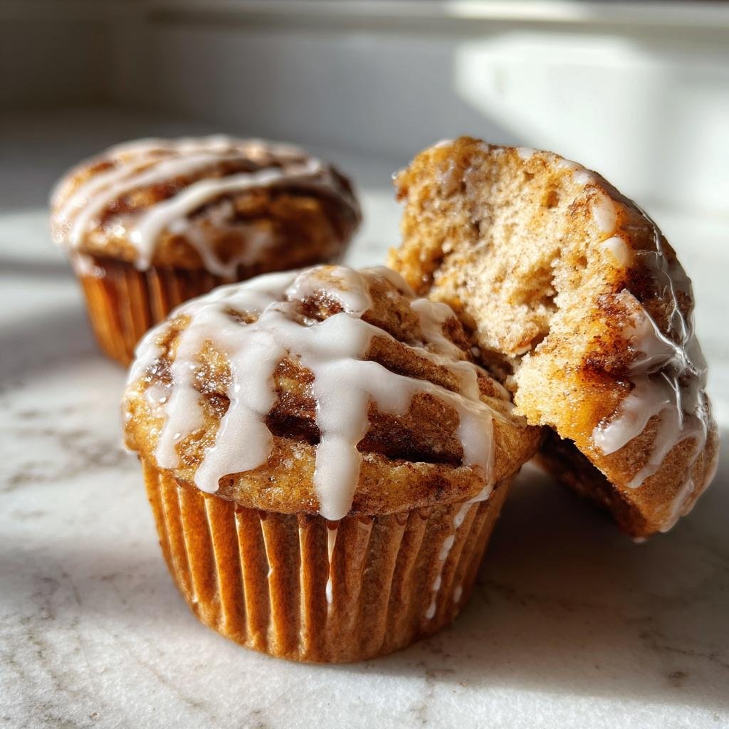 Close up of Pumpkin Cinnamon Roll Muffins with icing, one muffin torn open to show the inside.