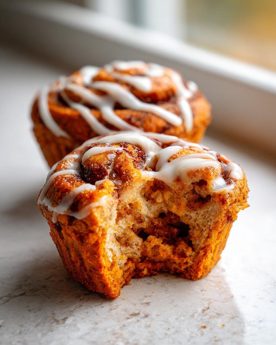 A pumpkin cinnamon roll muffin with a bite taken out, revealing the inside, and another muffin behind it.