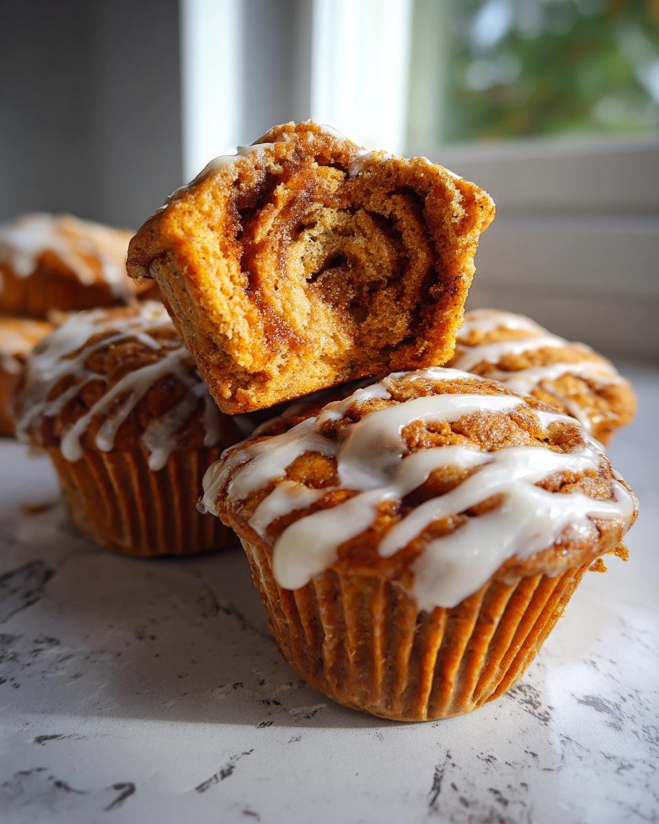 Stack of Pumpkin Cinnamon Roll Muffins with icing, one muffin cut in half to show the cinnamon swirl.