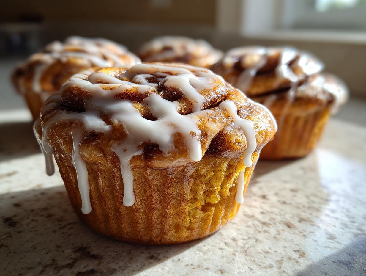 Close-up of Pumpkin Cinnamon Roll Muffins with icing drizzled down the sides, sitting on a countertop.
