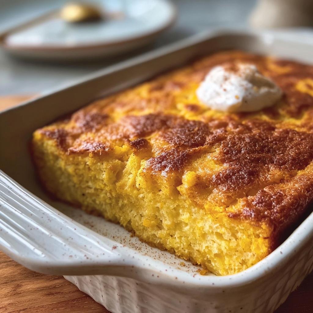 A golden Pumpkin Cottage Cheese Bake in a baking dish, topped with a dollop of cream.