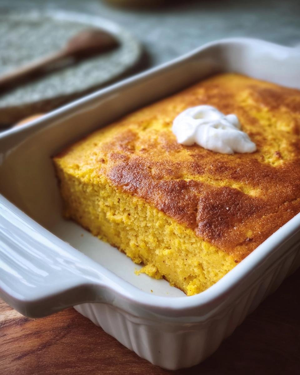 A freshly baked Pumpkin Cottage Cheese Bake in a white dish, topped with a dollop of cream.