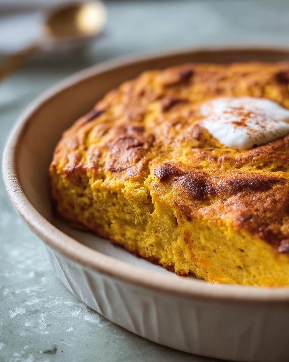 Close-up of a Pumpkin Cottage Cheese Bake in a baking dish, topped with a dollop of cream.