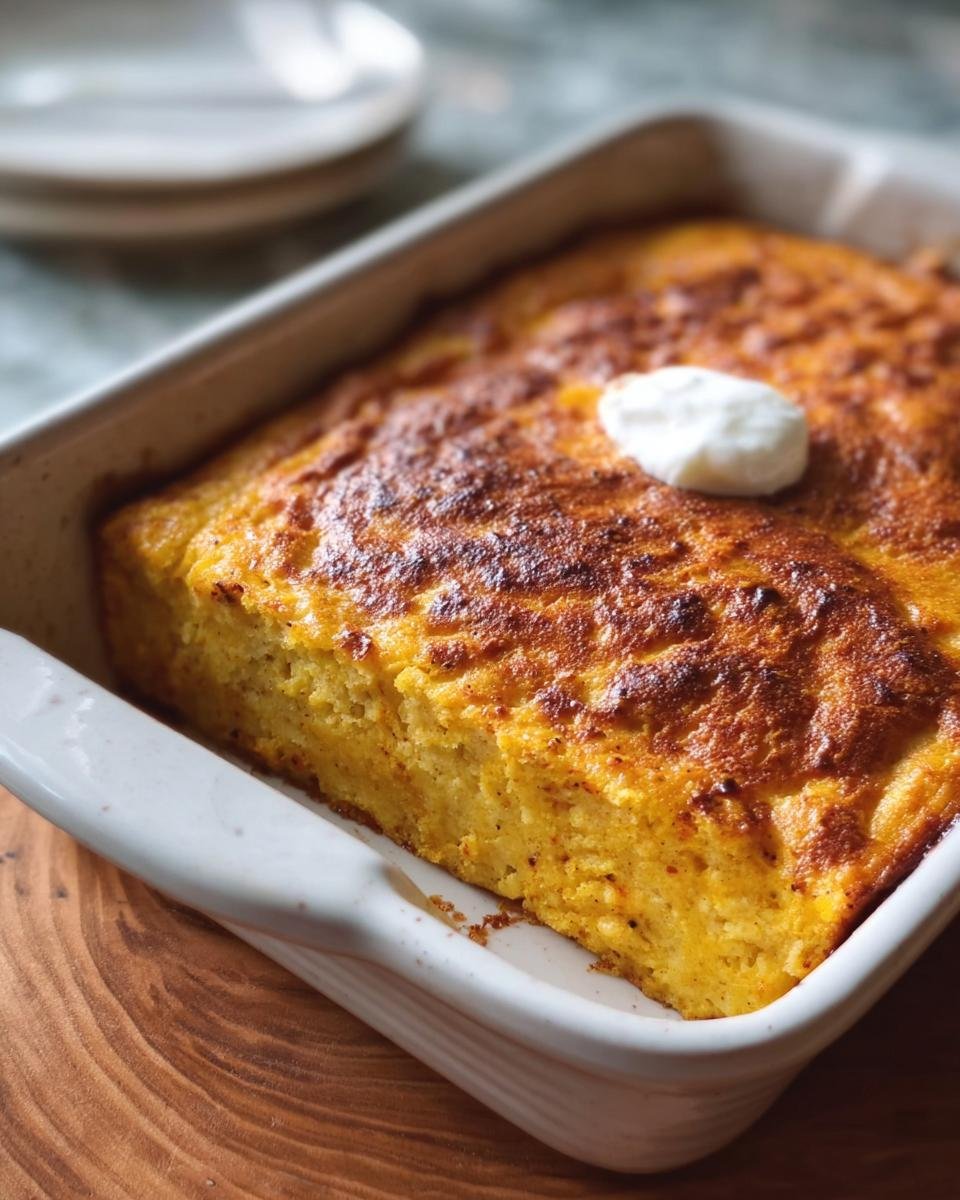 Close-up of a freshly baked Pumpkin Cottage Cheese Bake in a white baking dish, topped with a dollop of cottage cheese.