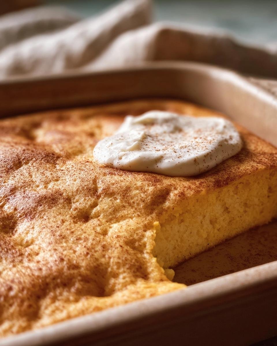 Close-up of a Pumpkin Cottage Cheese Bake in a baking dish, topped with a dollop of cream and a sprinkle of cinnamon.