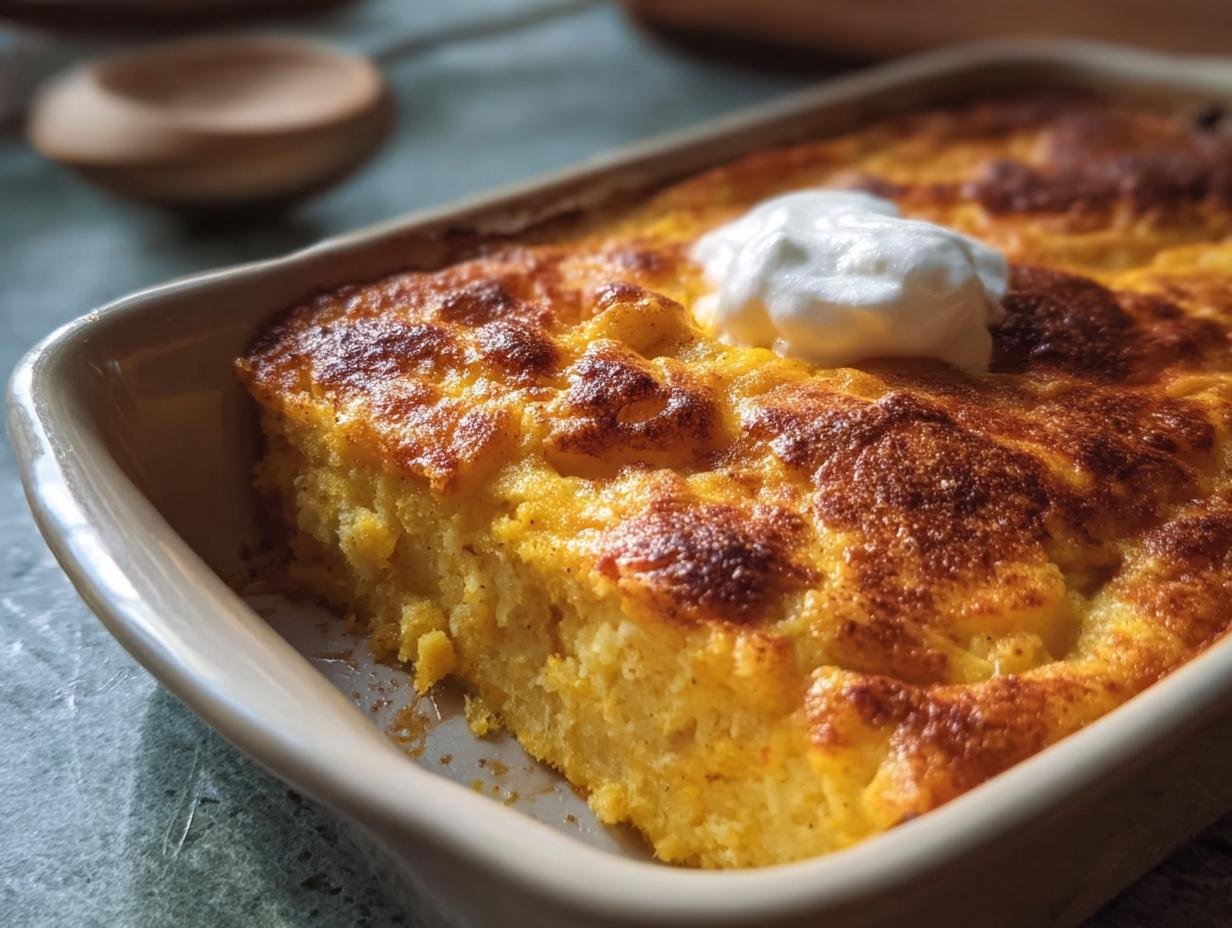 Close-up of a freshly baked Pumpkin Cottage Cheese Bake in a baking dish, topped with a dollop of cream.