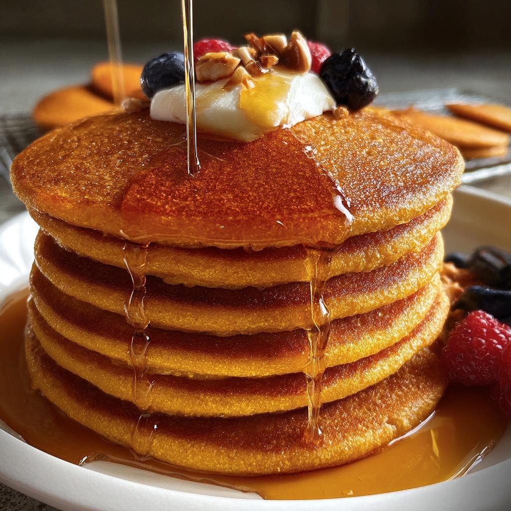 A stack of pumpkin cottage cheese pancakes topped with syrup, berries, and cream.