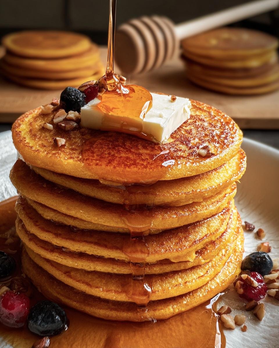 A tall stack of Pumpkin Cottage Cheese Pancakes topped with butter, syrup, berries, and nuts.
