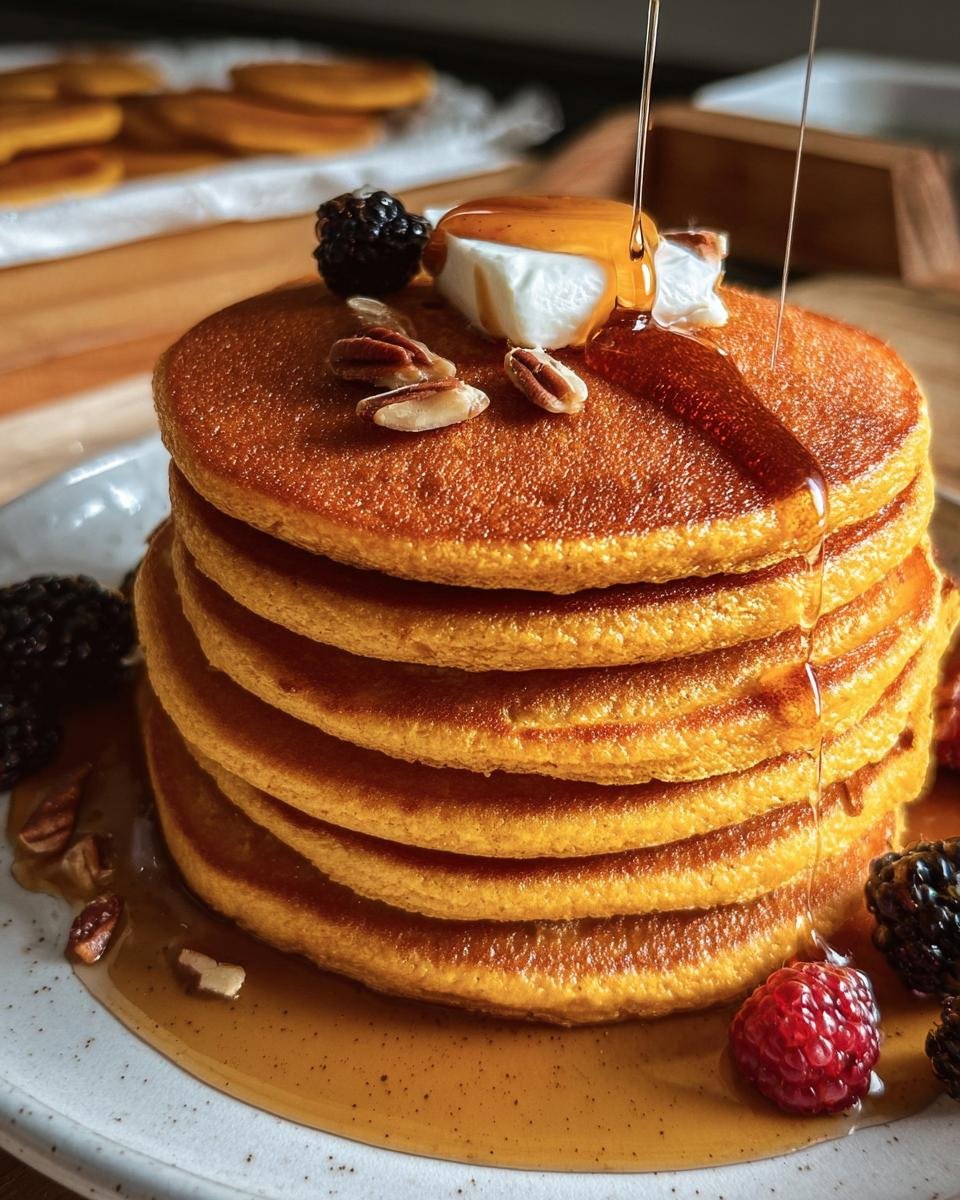 A stack of Pumpkin Cottage Cheese Pancakes drizzled with syrup, topped with cottage cheese, berries, and pecans.