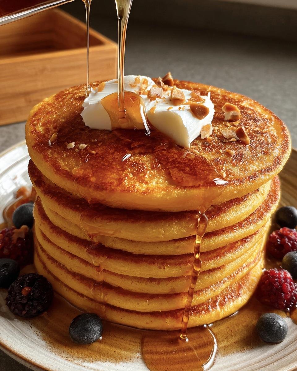A tall stack of Pumpkin Cottage Cheese Pancakes topped with cream, nuts, and syrup, surrounded by berries.