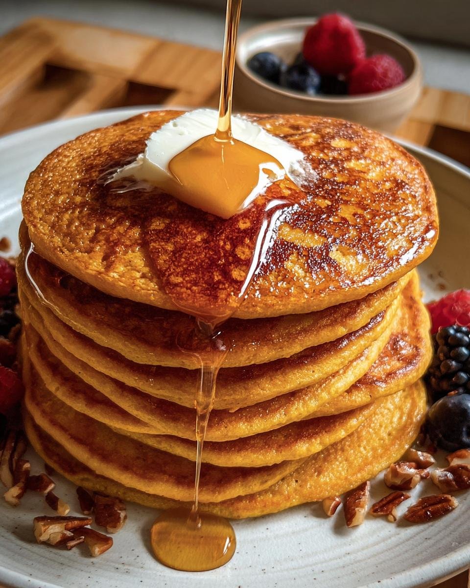 A tall stack of Pumpkin Cottage Cheese Pancakes topped with butter and syrup, garnished with berries and pecans.