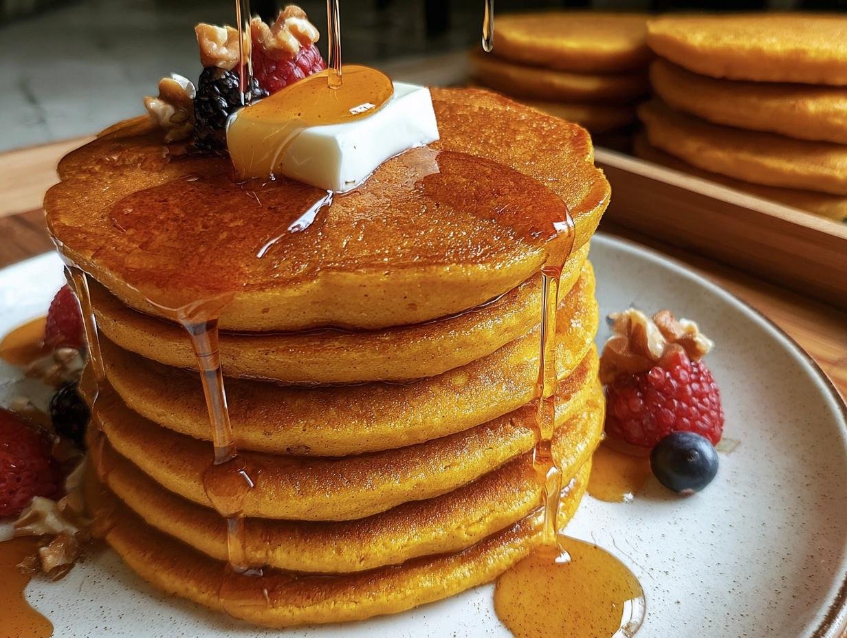 A stack of Pumpkin Cottage Cheese Pancakes topped with butter, nuts, berries, and syrup.