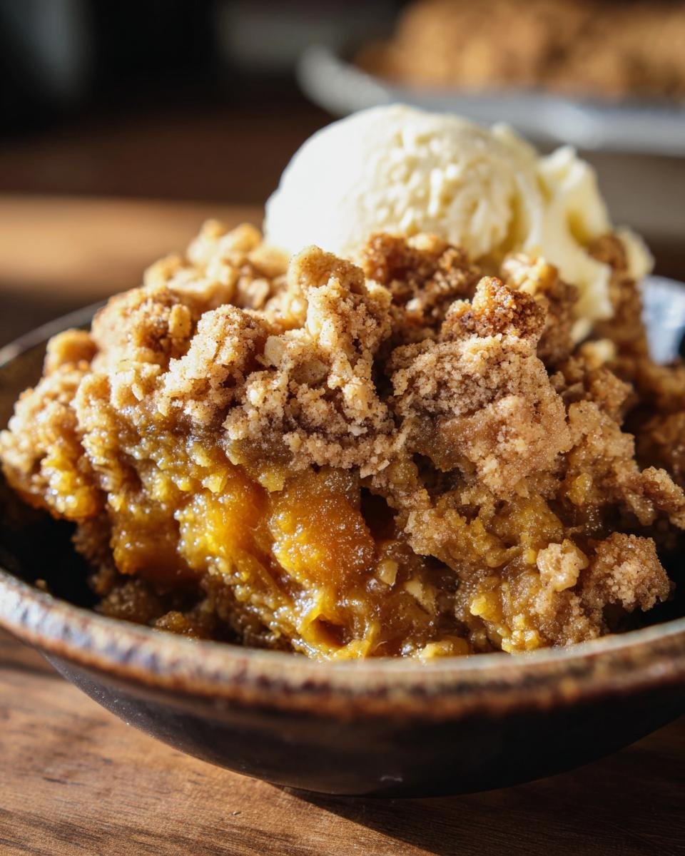 A bowl of warm pumpkin crisp topped with a scoop of vanilla ice cream, ready to eat.