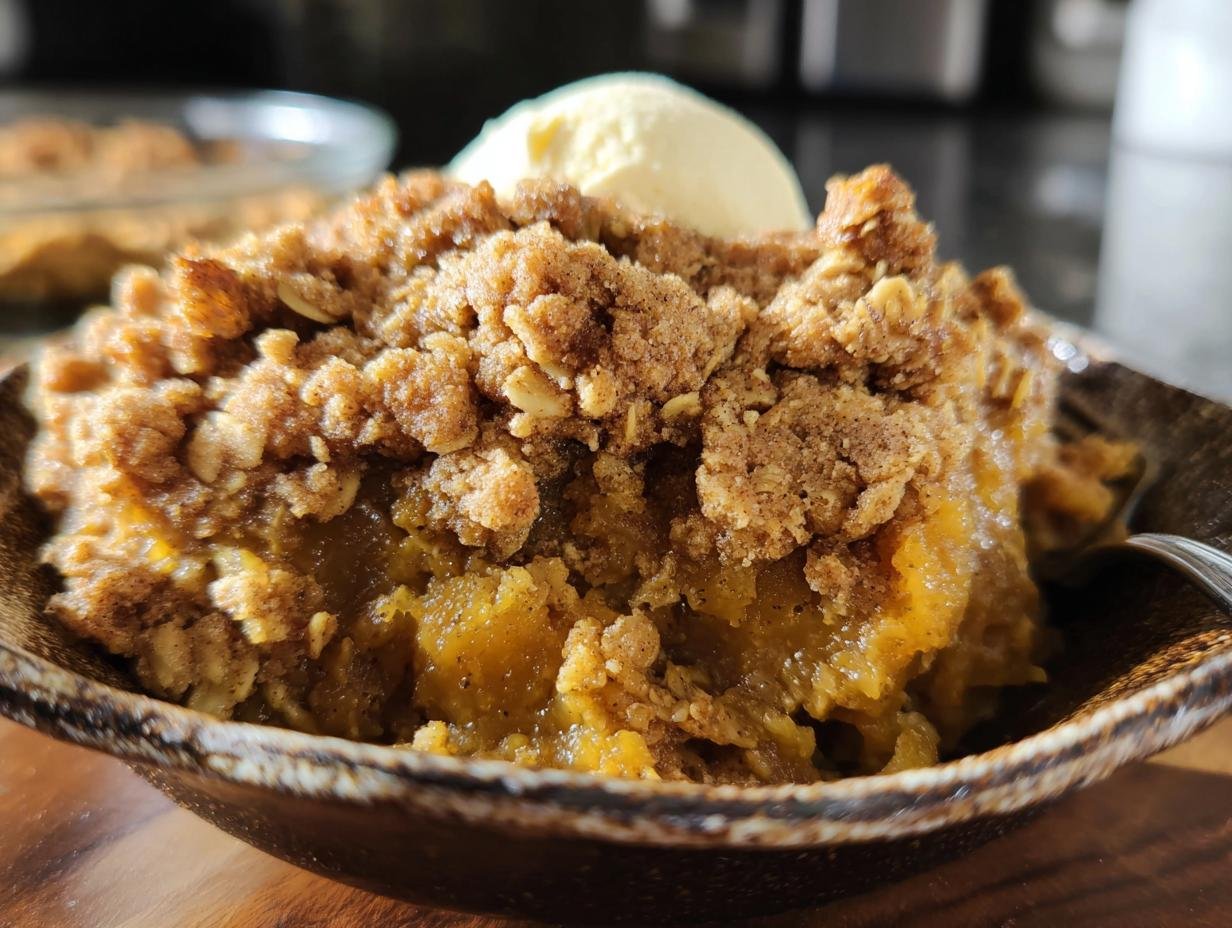 A single serving of pumpkin crisp in a bowl, topped with a scoop of vanilla ice cream. Ready to eat Pumpkin Crisp.