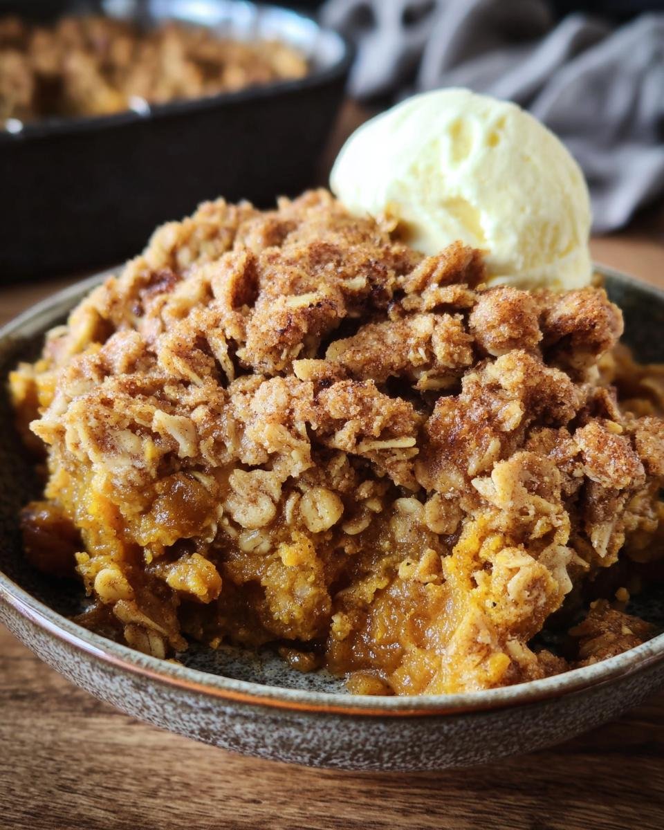 A bowl of warm pumpkin crisp topped with a scoop of vanilla ice cream. Delicious pumpkin crisp dessert.