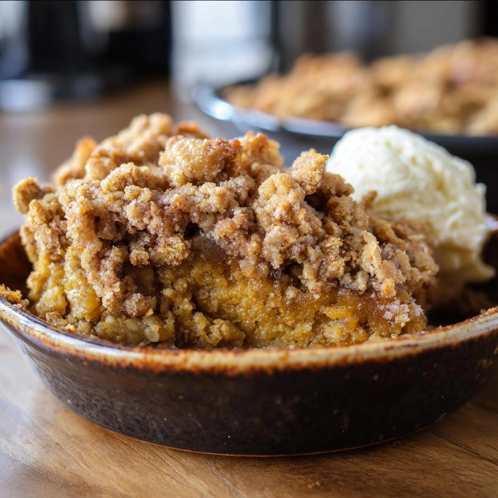 A slice of warm Pumpkin Crisp served with a scoop of vanilla ice cream in a rustic bowl.