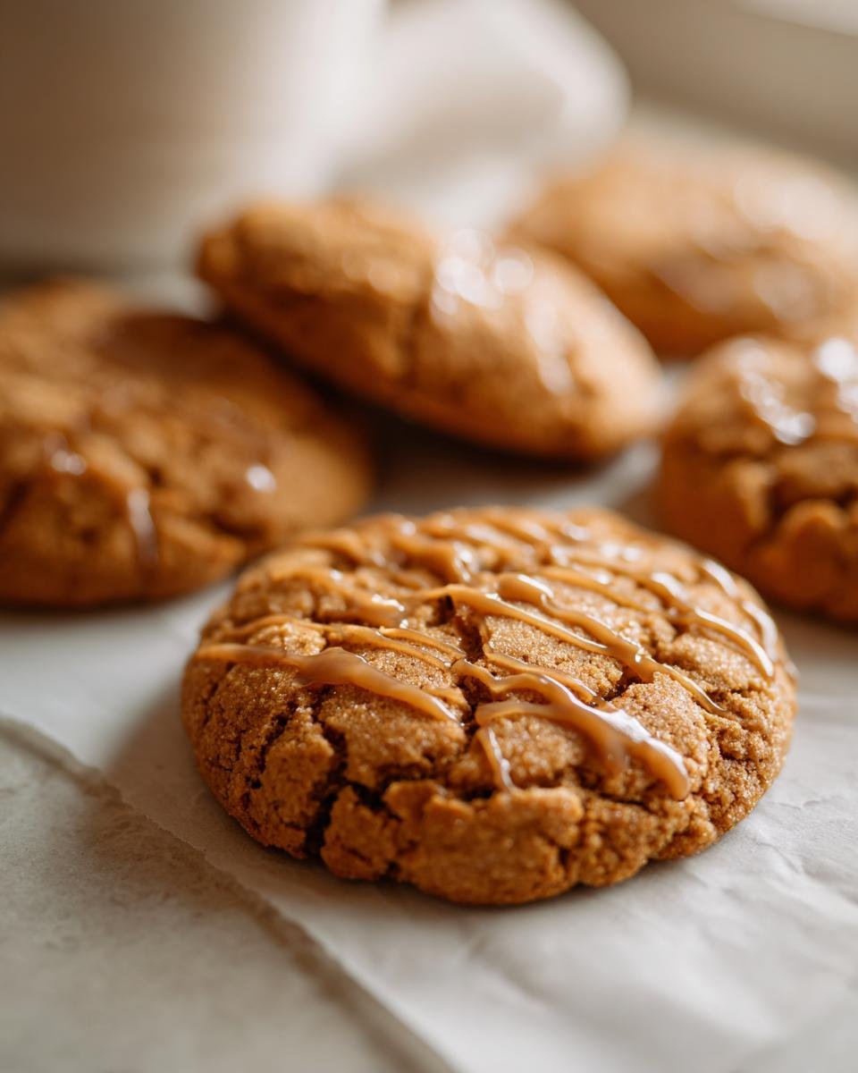 Close-up of Pumpkin Maple Cookies drizzled with maple glaze on parchment paper.
