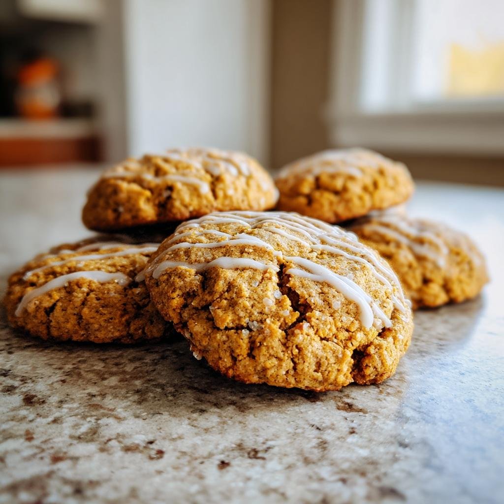 A stack of freshly baked Pumpkin Maple Cookies with a drizzle of white icing on a kitchen counter.