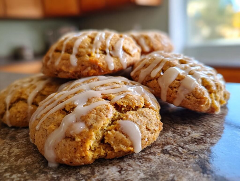 A stack of delicious Pumpkin Maple Cookies drizzled with icing, ready to enjoy.
