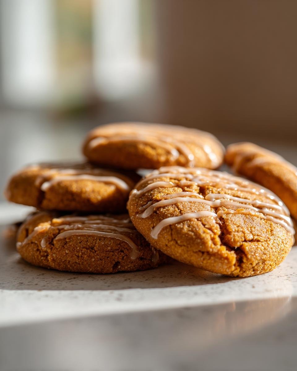 A stack of Pumpkin Maple Cookies topped with a sweet glaze, ready to enjoy.