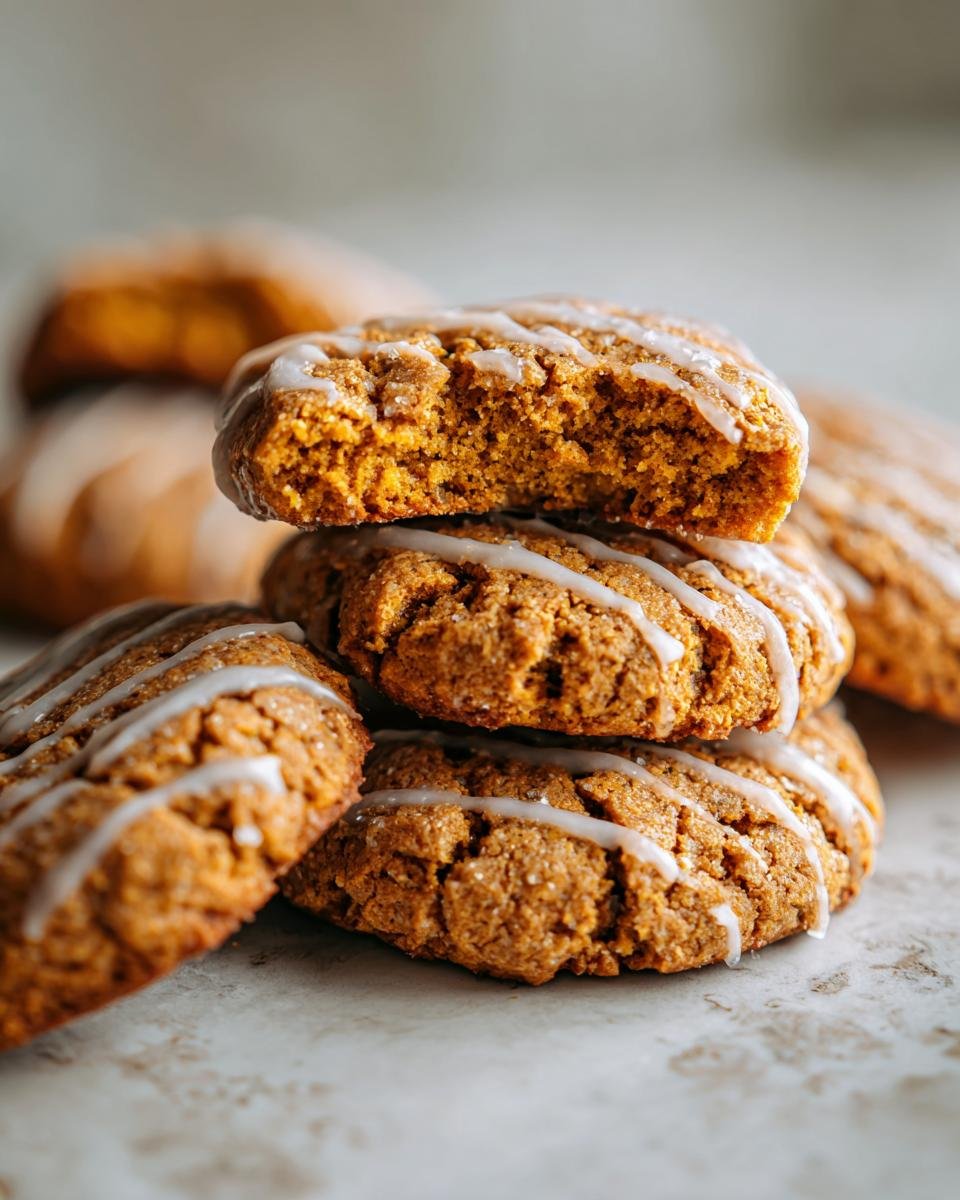 A stack of glazed Pumpkin Maple Cookies, one with a bite taken out, showing the texture.
