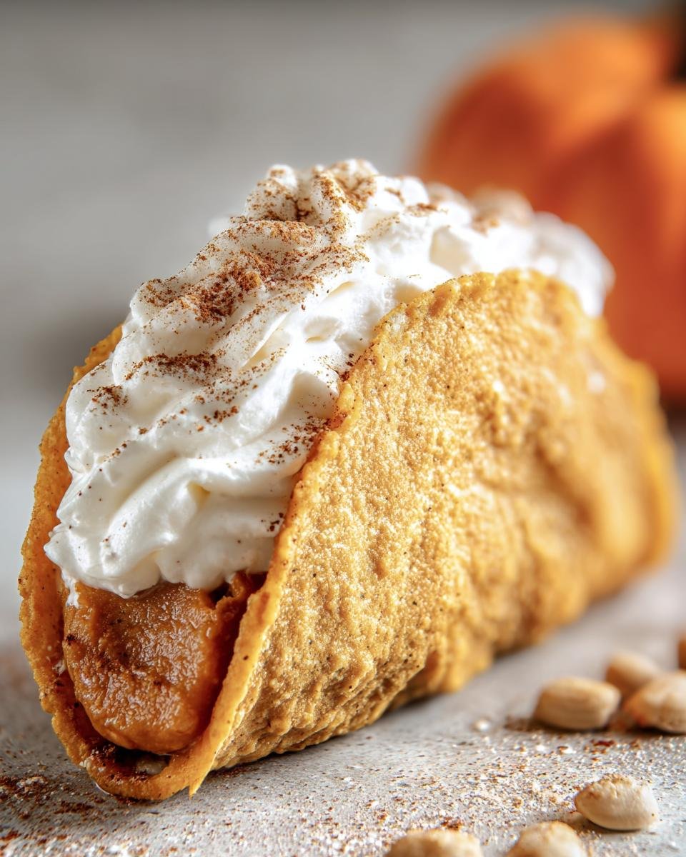A close-up of a Pumpkin Pie Taco filled with pumpkin filling and topped with whipped cream and cinnamon.