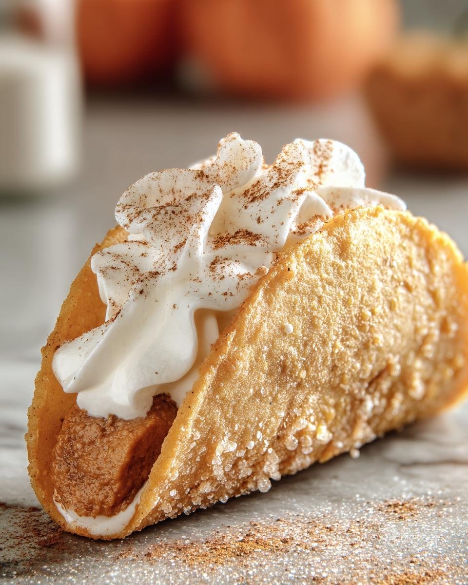 Close-up of a Pumpkin Pie Taco filled with pumpkin pie filling and topped with whipped cream and cinnamon.