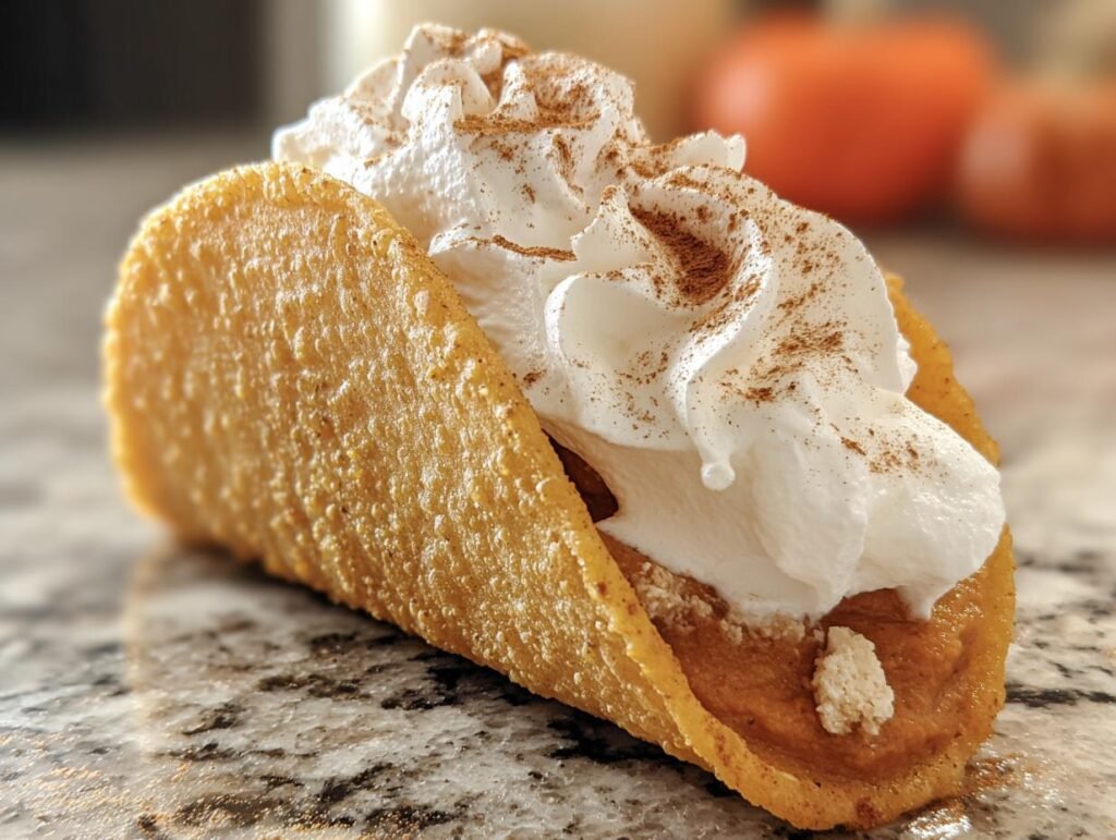 A single pumpkin pie taco filled with pumpkin filling and topped with whipped cream and cinnamon. Pumpkin Pie Tacos recipe.