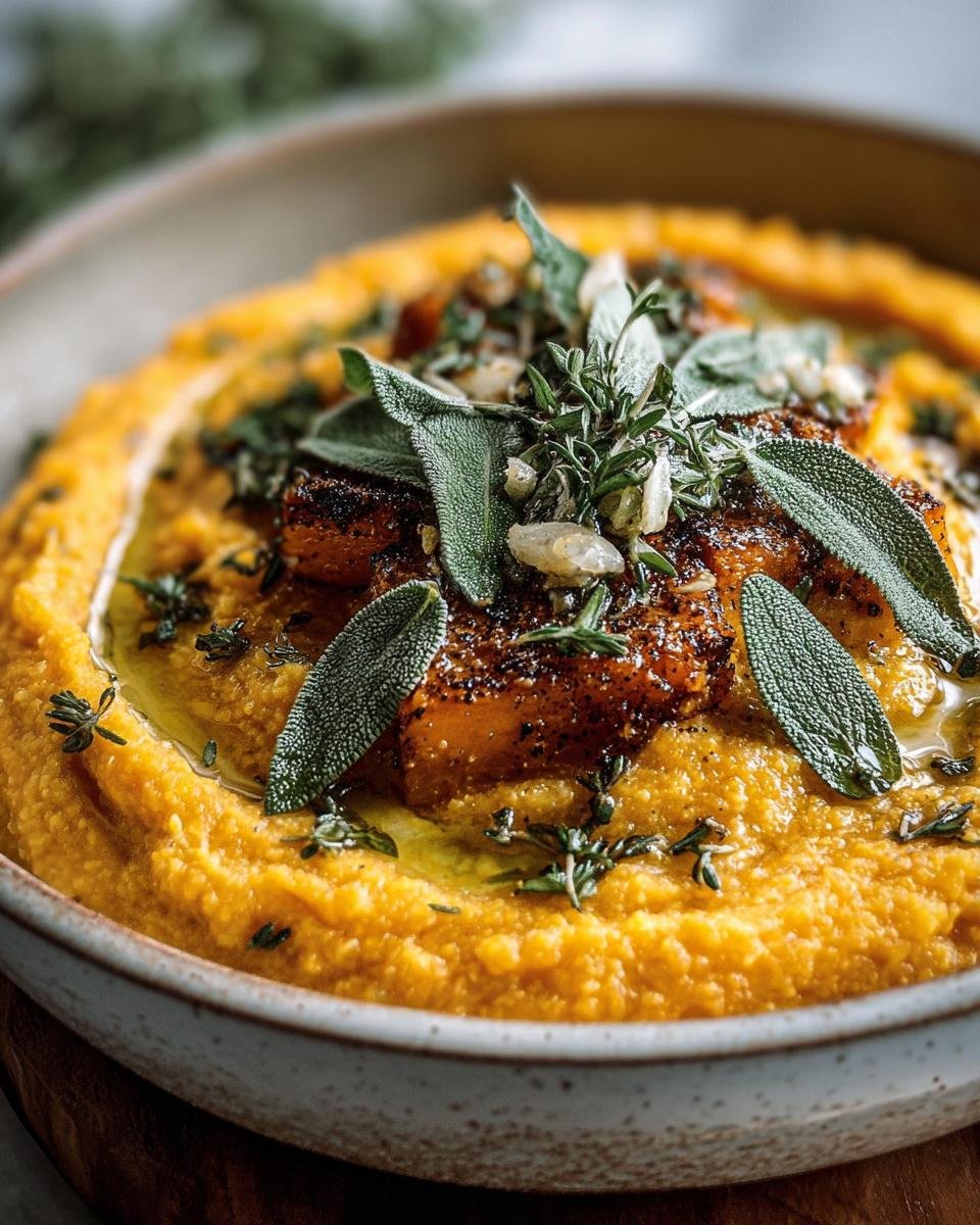 Close-up of Pumpkin Polenta with Sage Butter, garnished with fresh sage and thyme.