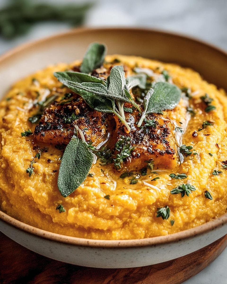 A bowl of creamy Pumpkin Polenta with Sage Butter, garnished with fresh sage and herbs.