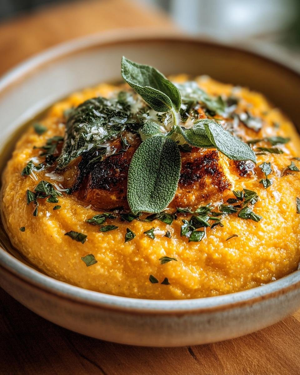 A bowl of creamy pumpkin polenta topped with sage butter, fresh sage leaves, and herbs.